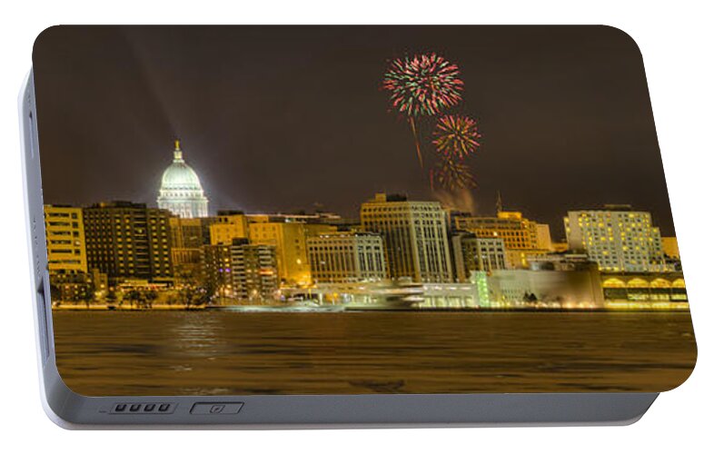 Capitol Portable Battery Charger featuring the photograph Madison Skyline New Years Eve by Steven Ralser