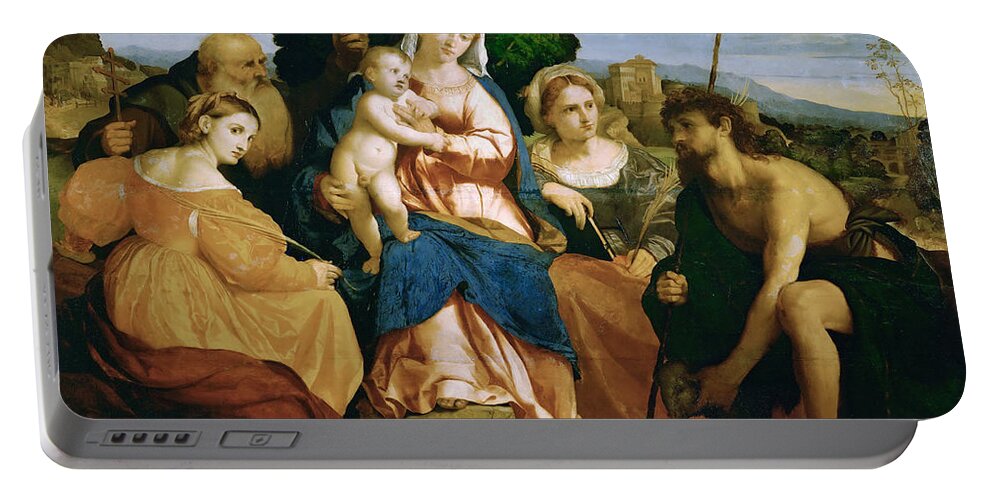 Palma Vecchio Portable Battery Charger featuring the painting Madonna and Child with St Catherine and St Celestine and John the Baptist and St Barbara by Palma Vecchio
