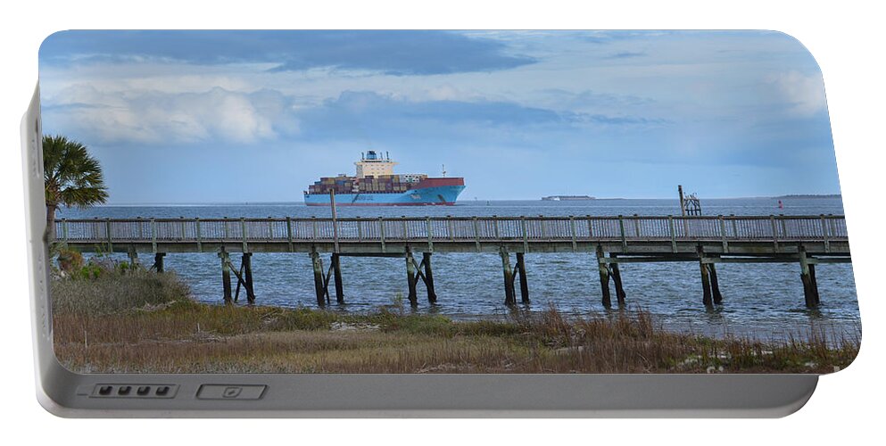 Ship Portable Battery Charger featuring the photograph Entering Charleston Harbor - Moving the Goods by Dale Powell