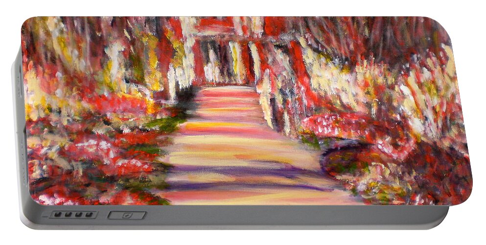 Garden Impressionist Red Yellow Blue Pink Flowers Romantic Reflections Landscape Monet Black Portable Battery Charger featuring the painting Majestic Garden by Manjiri Kanvinde