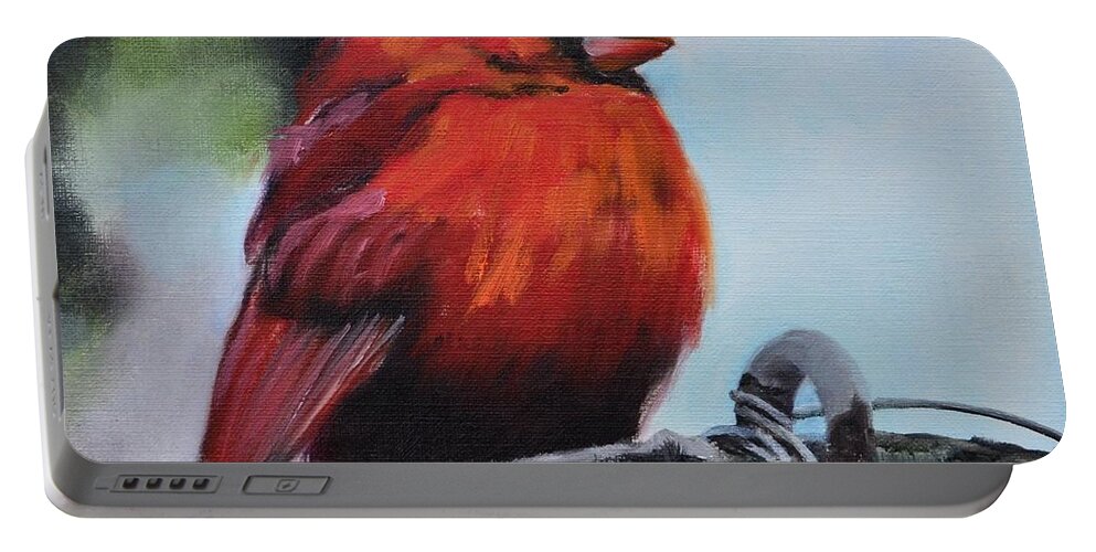 Cardinal Portable Battery Charger featuring the painting Male Cardinal on Post by Donna Tuten