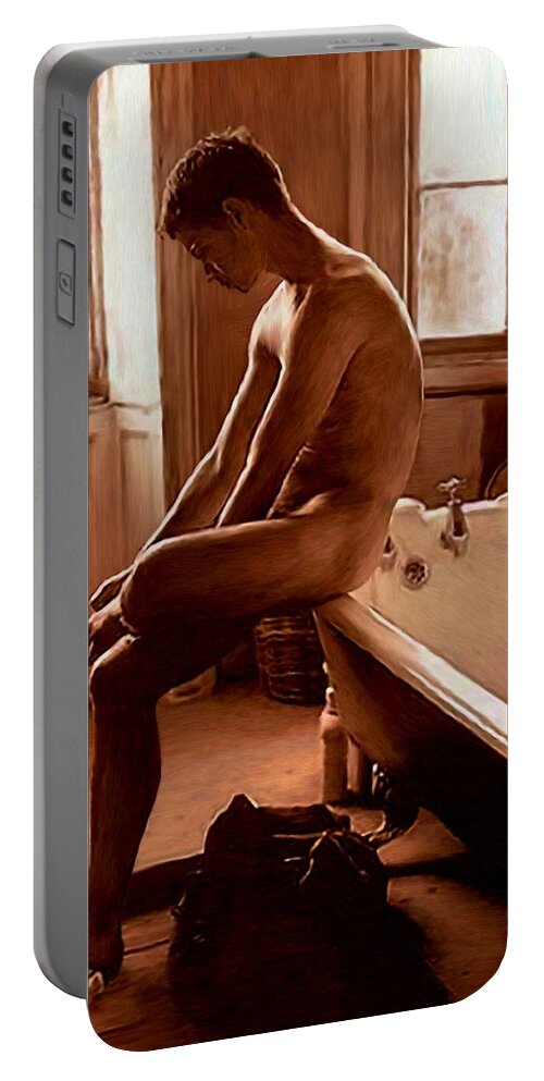 Naked Man Portable Battery Charger featuring the painting Man and Bath by Troy Caperton