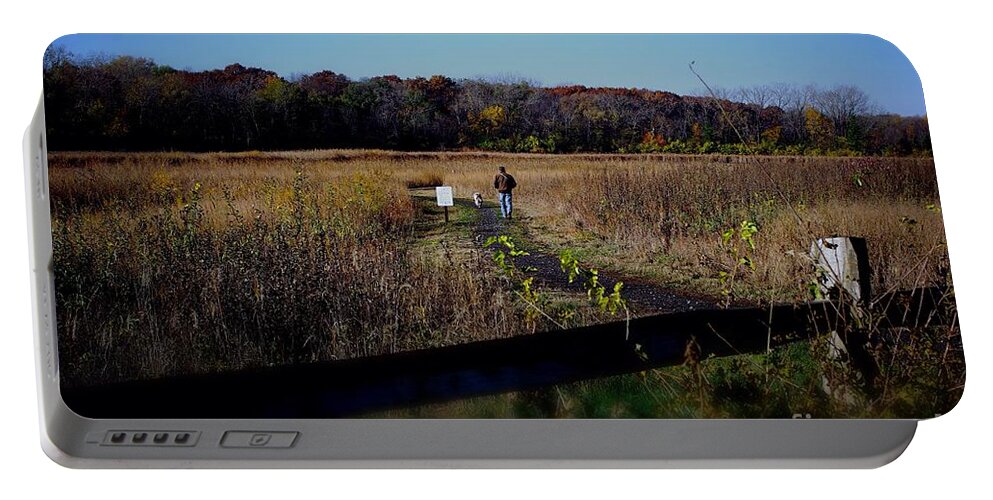  Animal Portable Battery Charger featuring the photograph Man and Dog Walking the Nature Trail by Frank J Casella