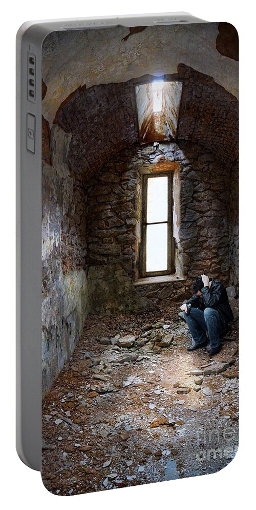 Man Portable Battery Charger featuring the photograph Man in Abandoned Building by Jill Battaglia