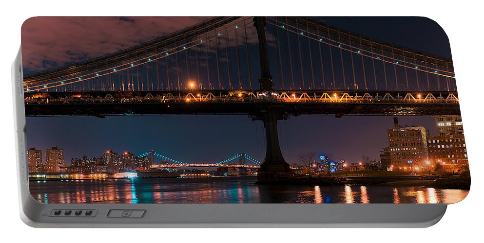 Amazing Brooklyn Bridge Photos Portable Battery Charger featuring the photograph Manhattan Bridge Framing Williamsburg Bridge by Mitchell R Grosky