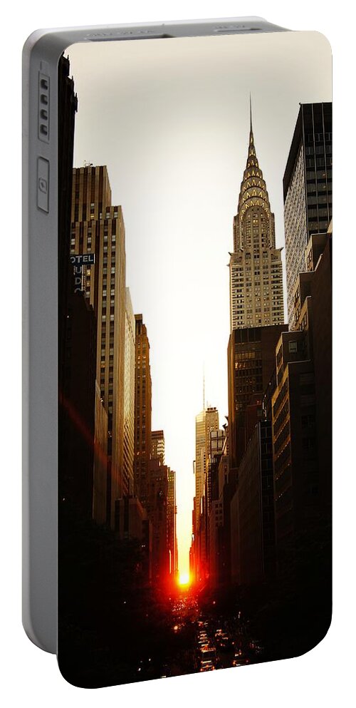 New York City Portable Battery Charger featuring the photograph Manhattanhenge Sunset and the Chrysler Building by Vivienne Gucwa
