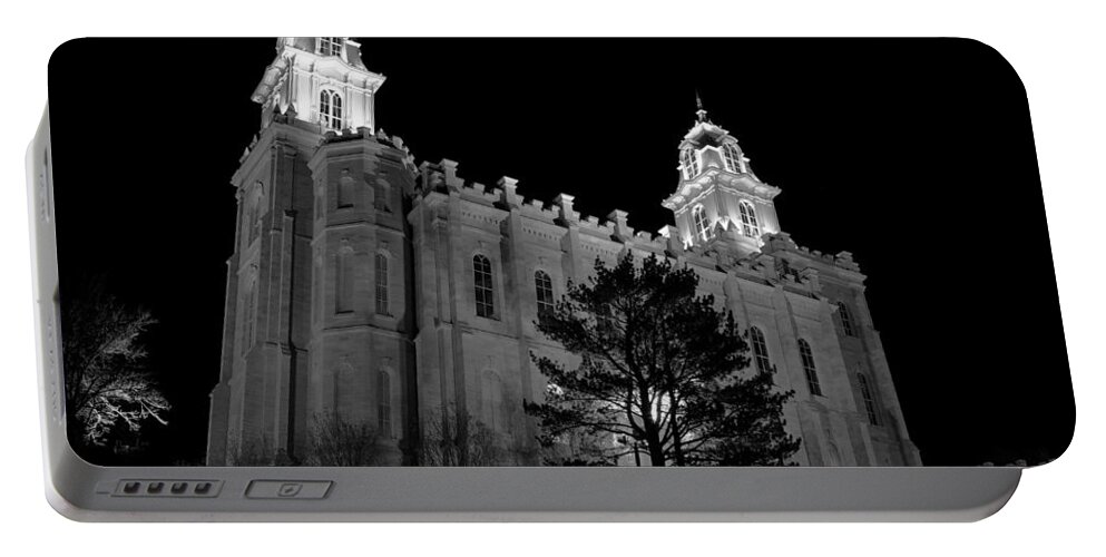 Black And White Portable Battery Charger featuring the photograph Manti Temple Black and White by David Andersen