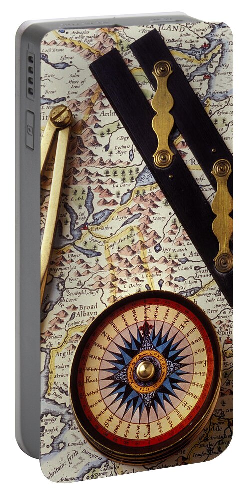 Compass Portable Battery Charger featuring the photograph Map with compass tools by Garry Gay