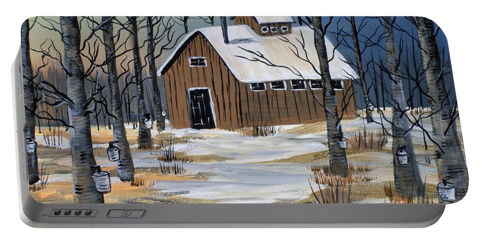 Landscape Portable Battery Charger featuring the painting Maple Syrup Shack by Brenda Brown