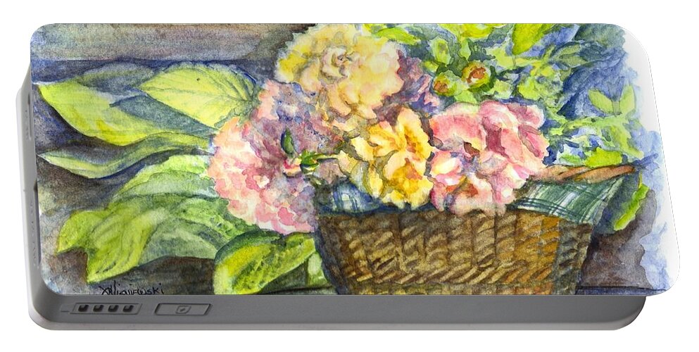 Floral Portable Battery Charger featuring the painting Marias Basket of Peonies by Carol Wisniewski