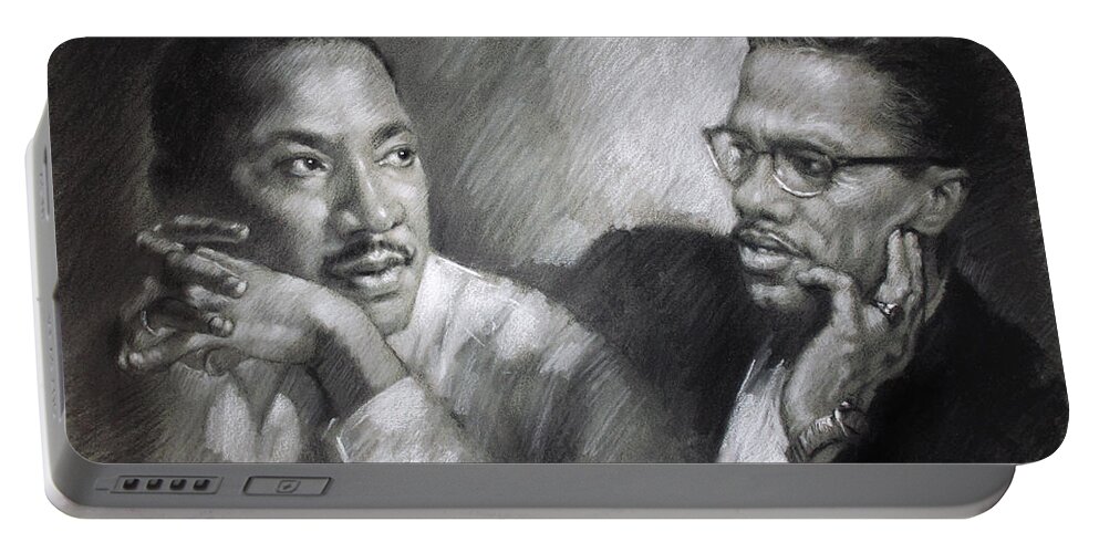 Malcolm X Portable Battery Charger featuring the drawing Martin Luther King Jr and Malcolm X by Ylli Haruni