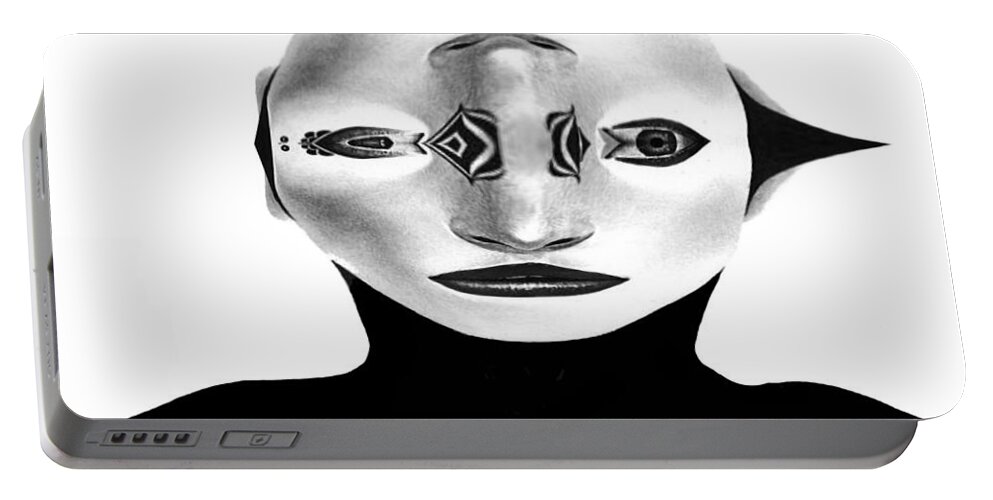Mask Portable Battery Charger featuring the painting Mask Black and White by Rafael Salazar