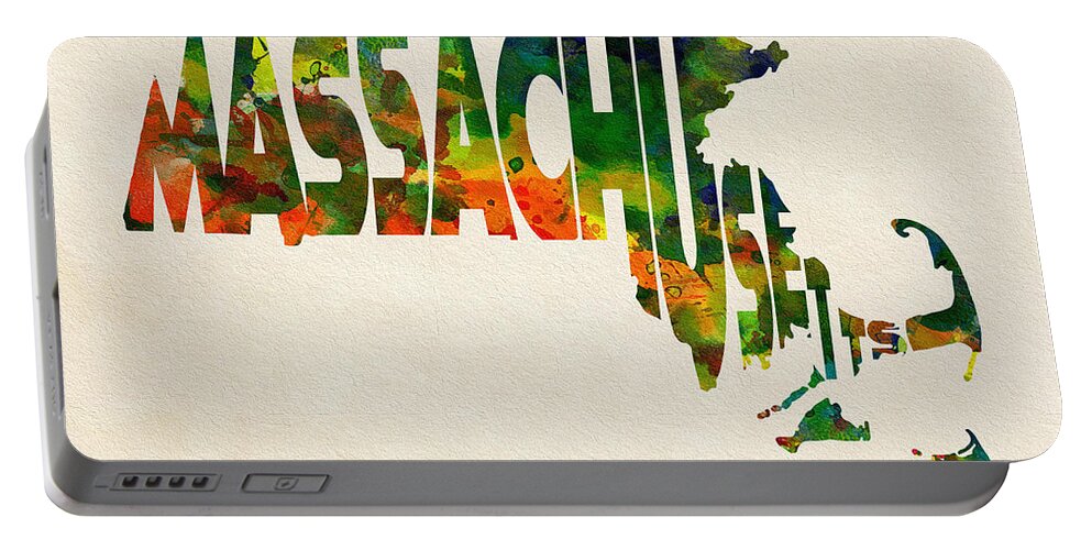Massachusetts Portable Battery Charger featuring the painting Massachusetts Typographic Watercolor Map by Inspirowl Design