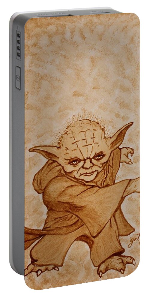 Master Joda Portable Battery Charger featuring the painting Master Yoda Jedi Fight beer painting by Georgeta Blanaru