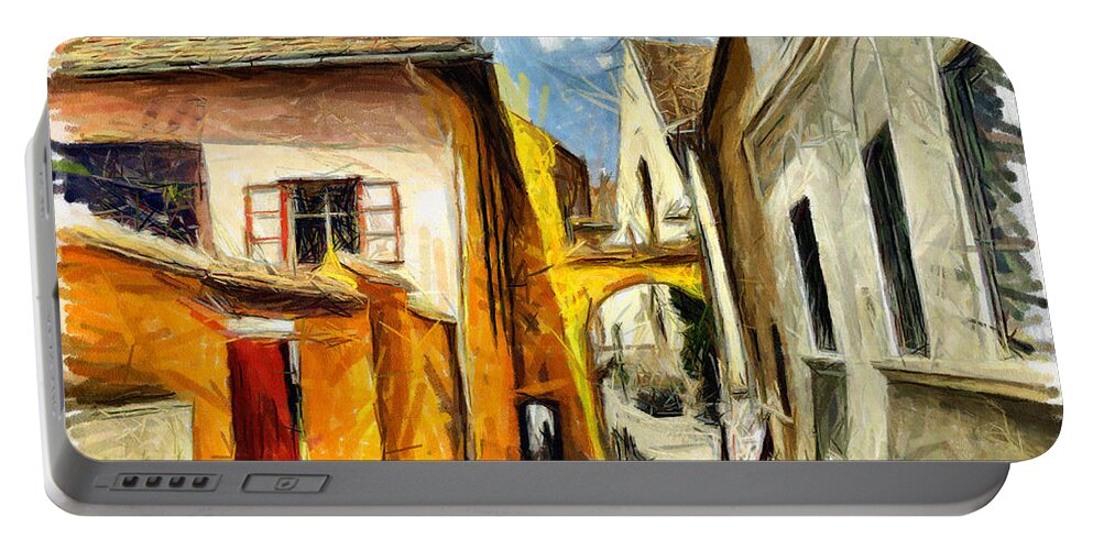 Street Portable Battery Charger featuring the mixed media Medieval street in Sighisoara Transylvania Romania - painting by Daliana Pacuraru