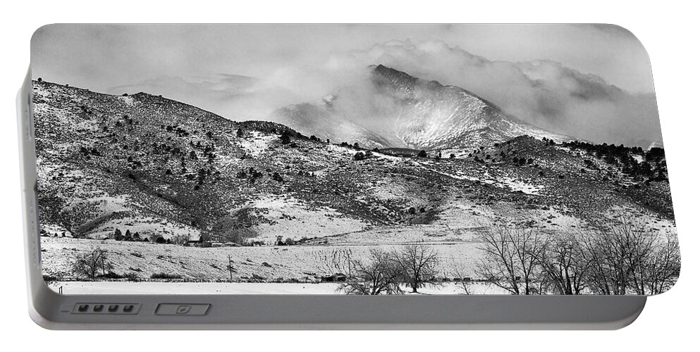 Longs Peak Portable Battery Charger featuring the photograph Meeker and Longs Peak in Winter Clouds BW by James BO Insogna