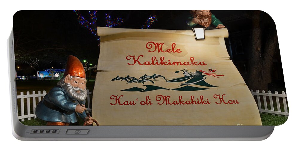 Mele Kalikimaka Merry Christmas Portable Battery Charger featuring the photograph Mele Kalikimaka Sign and Elves by Aloha Art