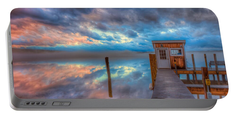 New England Portable Battery Charger featuring the photograph Melvin Village Marina in the Fog by Brenda Jacobs