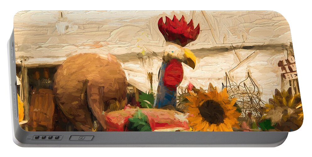 Round Top Portable Battery Charger featuring the photograph Metal Chicken Visits The Market by JG Thompson