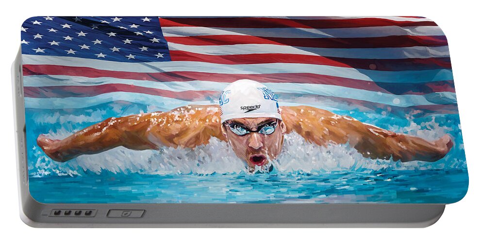 Michael Phelps Paintings Portable Battery Charger featuring the painting Michael Phelps Artwork by Sheraz A