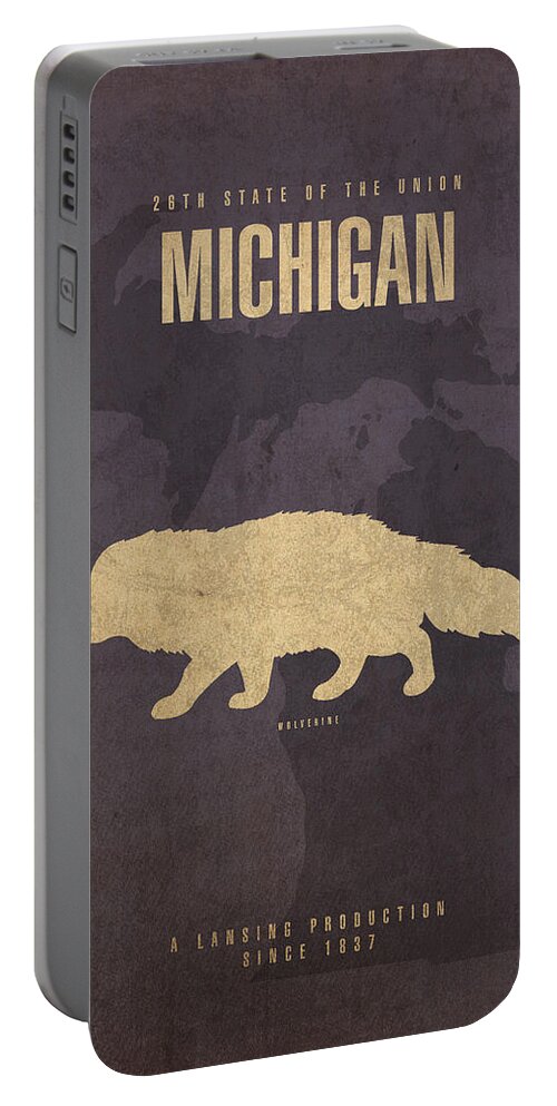 Michigan Portable Battery Charger featuring the mixed media Michigan State Facts Minimalist Movie Poster Art by Design Turnpike