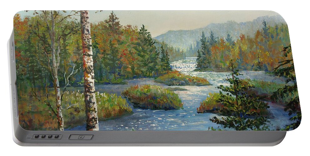 Michigan Waterfall Portable Battery Charger featuring the painting Michigan Waterfall by Lou Ann Bagnall