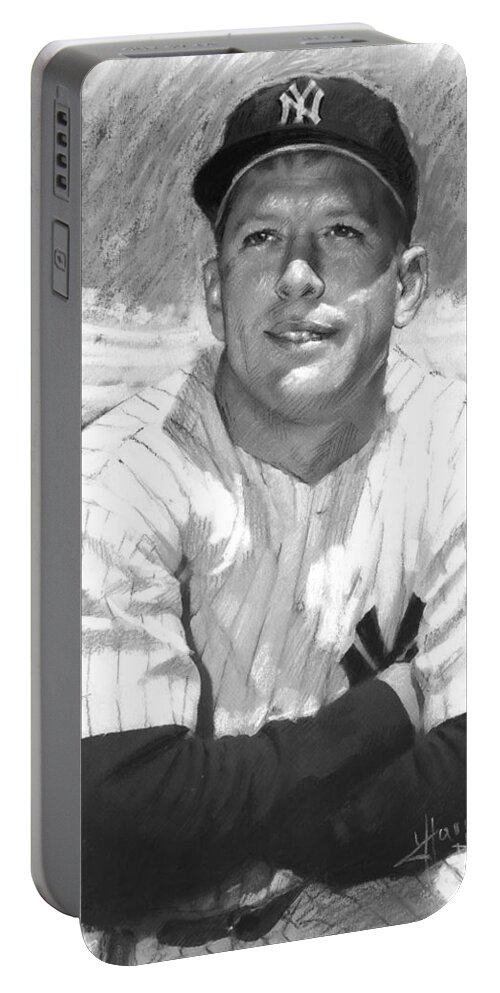 Baseball Center Fielder Portable Battery Charger featuring the drawing Mickey Mantle by Viola El