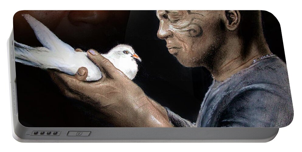 Drawing Portable Battery Charger featuring the mixed media Mike Tyson and Pigeon II by Jim Fitzpatrick