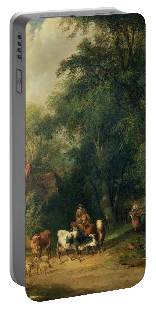 Milkmaid Portable Battery Charger featuring the photograph Milking Time Oil On Canvas by William Snr. Shayer