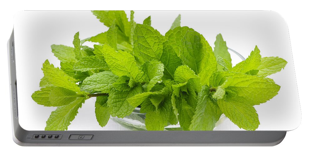 Mint Portable Battery Charger featuring the photograph Mint sprigs in bowl by Elena Elisseeva