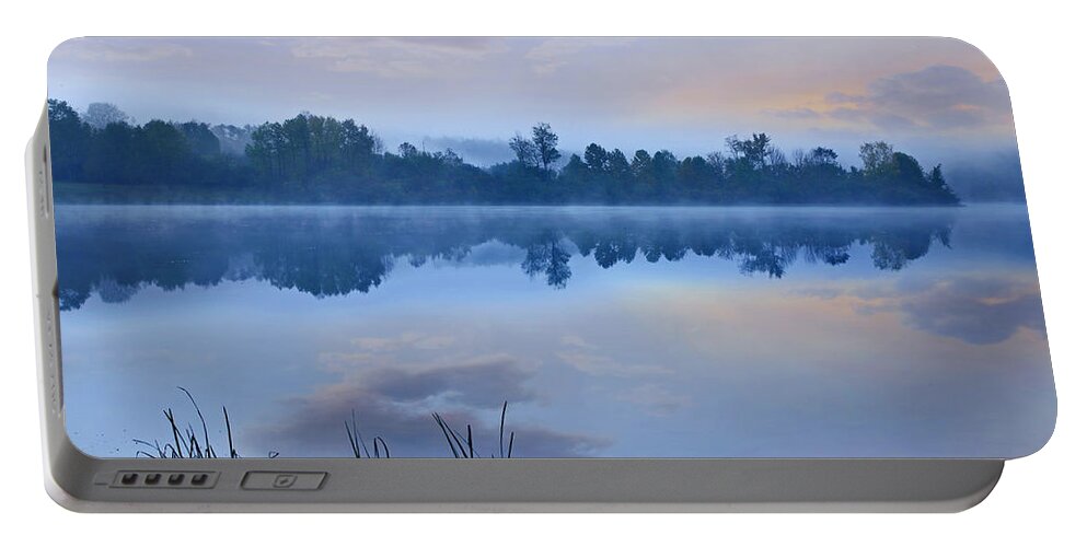 Feb0514 Portable Battery Charger featuring the photograph Mist Over Lackawanna Lake Pennsylvania by Tim Fitzharris