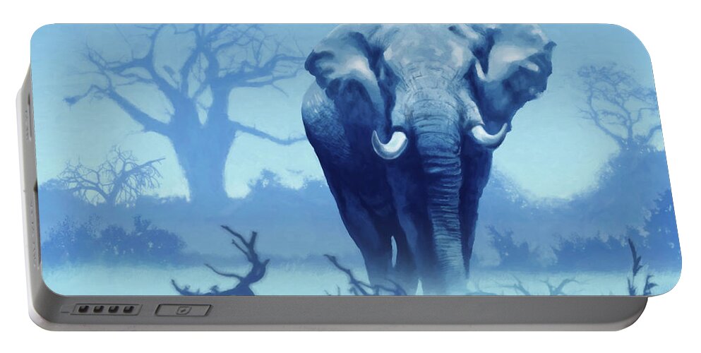 Blue Portable Battery Charger featuring the digital art Misty Blue Morning in the Tsavo by Anthony Mwangi