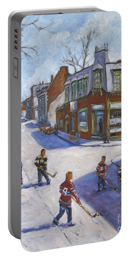Mini Oil Painting Hockey Players Playing On Theirs Back Lane Yar Portable Battery Charger featuring the painting Molasses Town Hockey Rivals in the Streets of Montreal by Pranke by Richard T Pranke