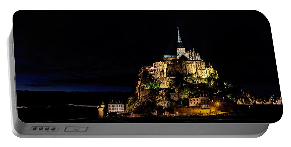 Mont Saint Michel Portable Battery Charger featuring the photograph Mont Saint Michel at night panorama by Weston Westmoreland
