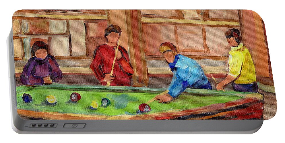 Montreal Portable Battery Charger featuring the painting Montreal Pool Room by Carole Spandau