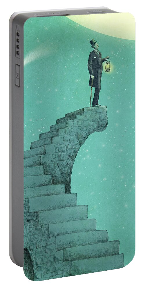 Moon Vintage Victorian Blue Green Stars Comet Top Hat Steps Staircase Astronomy Surreal Whimsical Dream Portable Battery Charger featuring the drawing Moon Steps by Eric Fan