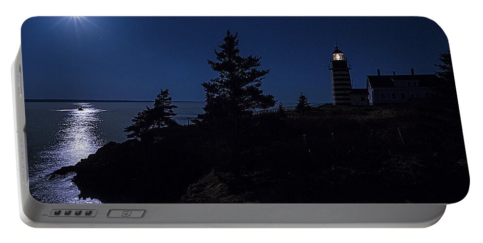 West Quoddy Head Lighthouse Portable Battery Charger featuring the photograph MoonLit Panorama West Quoddy Head Lighthouse by Marty Saccone