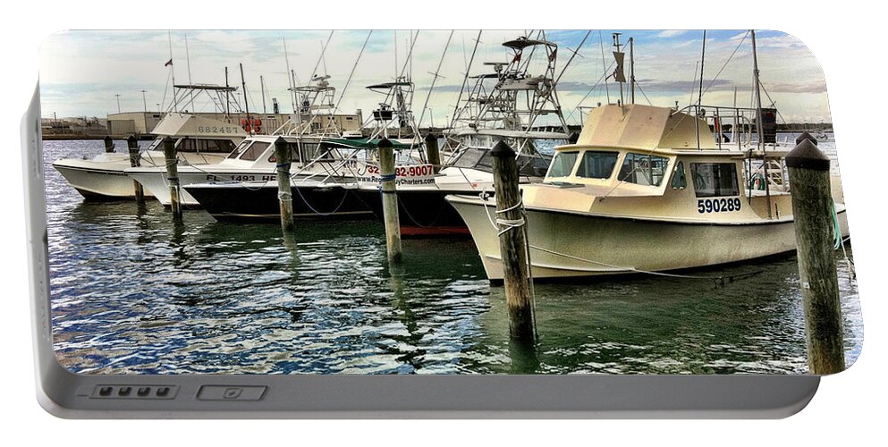 Tiki Bar Cape Canaveral Fl Portable Battery Charger featuring the photograph Moorings at the Cape by Carlos Avila