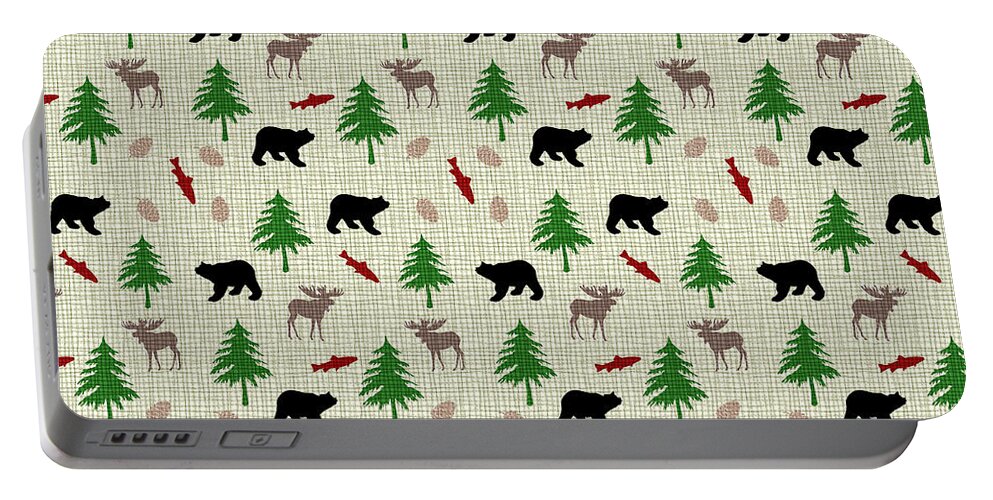 Moose Portable Battery Charger featuring the mixed media Moose and Bear Pattern by Christina Rollo