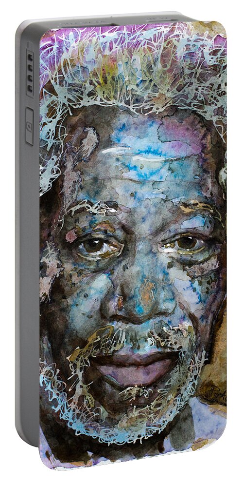 Morgan Freeman Portable Battery Charger featuring the painting Morgan in blue by Laur Iduc