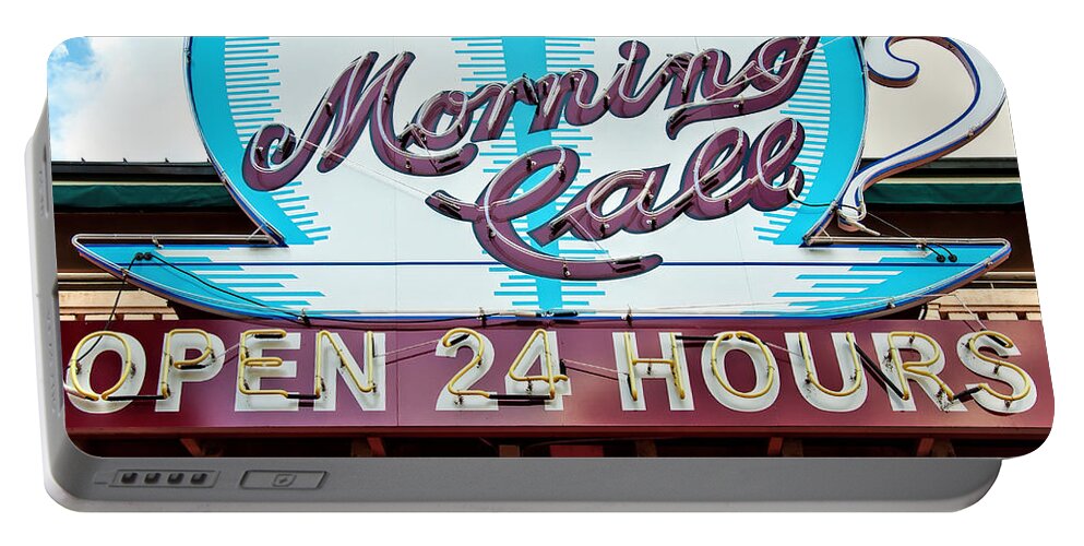 Morning Call Portable Battery Charger featuring the photograph Morning Call Neon Cup Sign in New Orleans by Kathleen K Parker