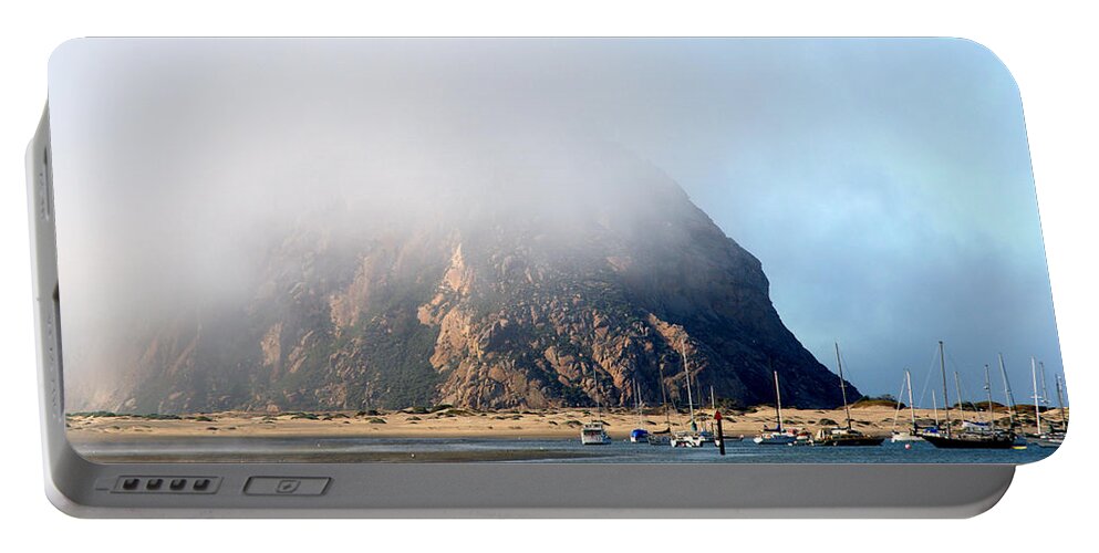 Scenic Portable Battery Charger featuring the photograph Morning Fog Over Morro Rock by AJ Schibig