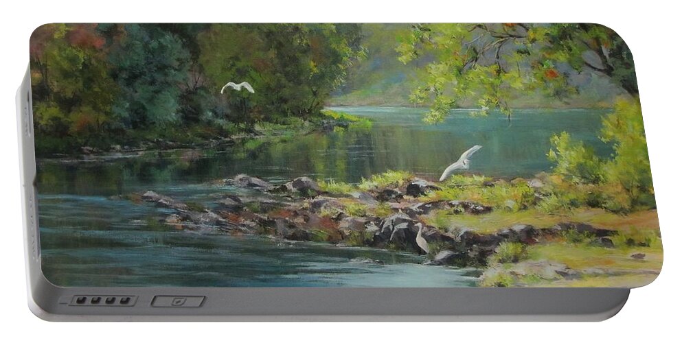 Acrylic Portable Battery Charger featuring the painting Morning Gathering by Karen Ilari