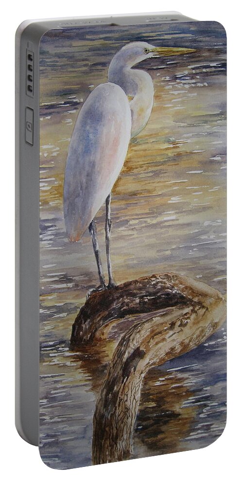 Egret Portable Battery Charger featuring the painting Morning Perch-Egret by Mary McCullah