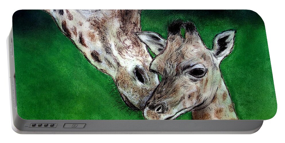 Mother And Baby Giraffe Portable Battery Charger featuring the painting Mother and Baby Giraffe by Jim Fitzpatrick