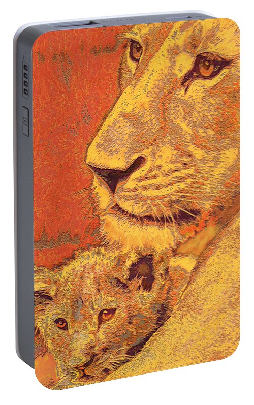 Lion Portable Battery Charger featuring the digital art Mother And Cub by Jane Schnetlage