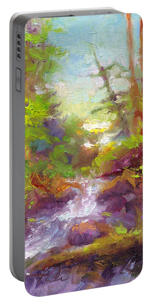 Impressionist Portable Battery Charger featuring the painting Mother's Day Oasis - woodland river by Talya Johnson