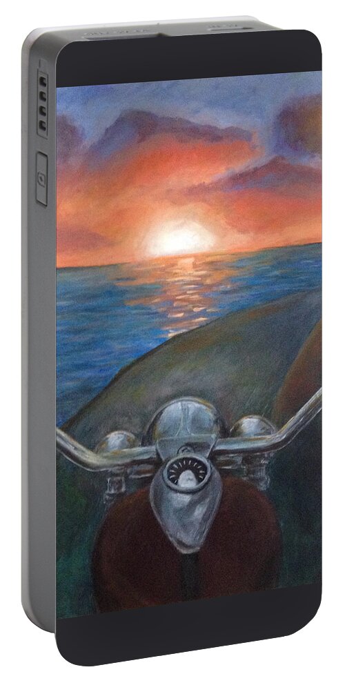 Motorcycle Portable Battery Charger featuring the painting Motorcycle Sunset by Samantha Geernaert