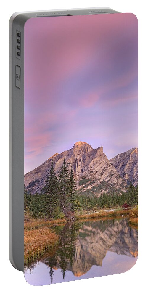 Feb0514 Portable Battery Charger featuring the photograph Mount Kidd Reflected In Pond Alberta by Tim Fitzharris