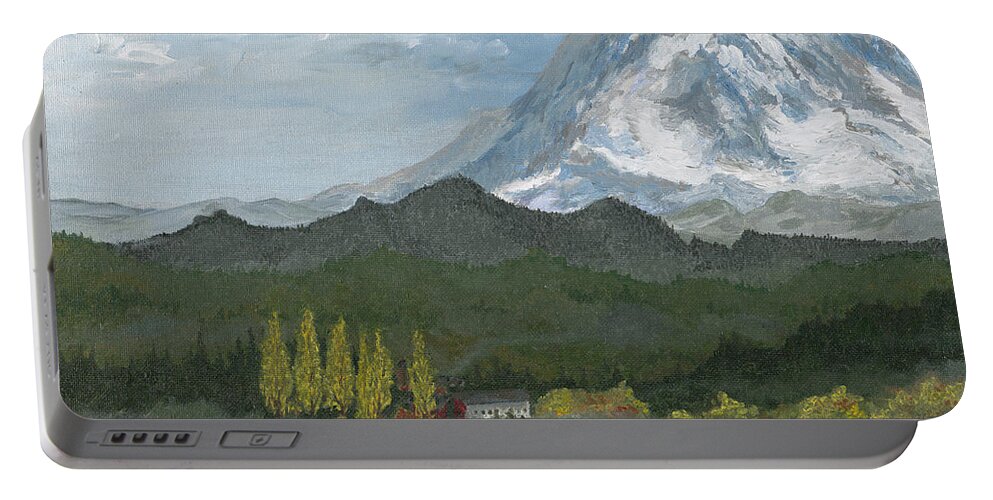 Landscape Portable Battery Charger featuring the painting Mount Rainier from Lake Rap John by Carlene Salazar